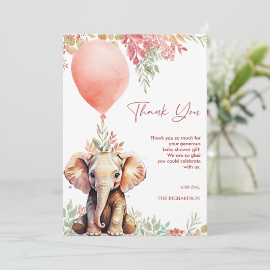 Blush Pink Terracotta Ballon Elephant Baby shower Bedankkaart (Staand voorkant)