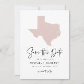 Blush Pink Texas Map Modern Minimalistisch script Save The Date (Voorkant)