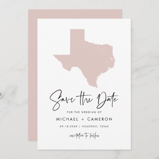 Blush Pink Texas Map Modern Minimalistisch script Save The Date (Voorkant / Achterkant)