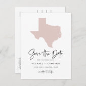 Blush Pink Texas Map Modern Script Save the Date Aankondigingskaart (Voorkant / Achterkant)