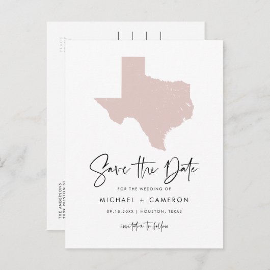 Blush Pink Texas Map Modern Script Save the Date Aankondigingskaart (Voorkant / Achterkant)