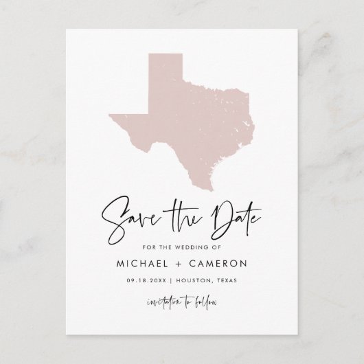 Blush Pink Texas Map Modern Script Save the Date Aankondigingskaart (Voorkant)