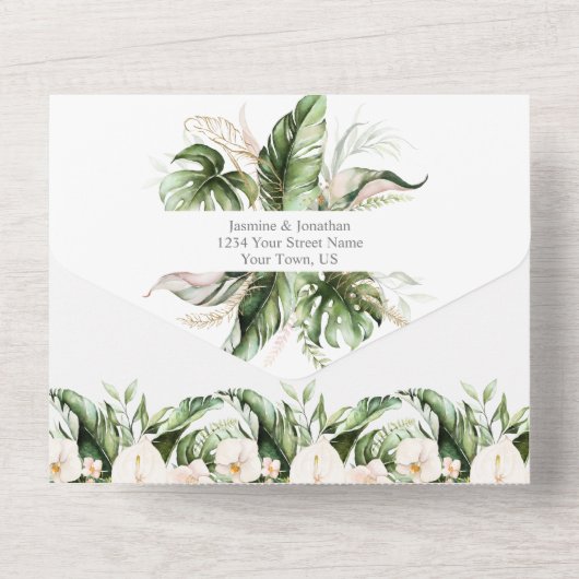 Blush Pink Tropical Lilies Greenery All In One Uitnodiging (Achterkant)