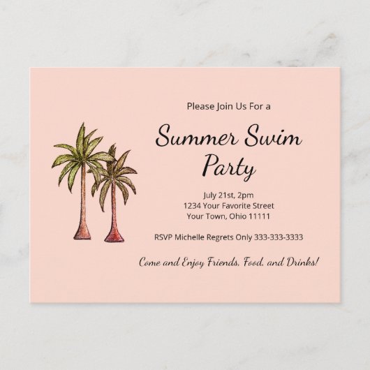 Blush Pink Tropische Palmbomen Zomer Pool Party Uitnodiging Briefkaart (Voorkant)