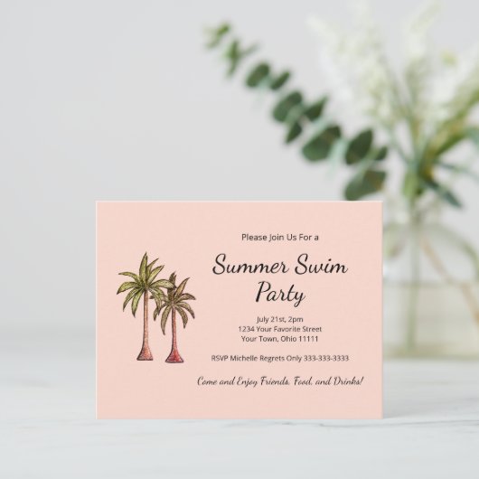 Blush Pink Tropische Palmbomen Zomer Pool Party Uitnodiging Briefkaart (Staand voorkant)