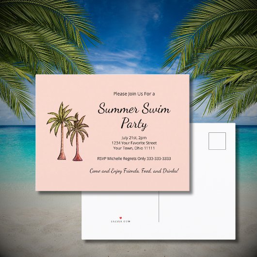 Blush Pink Tropische Palmbomen Zomer Pool Party Uitnodiging Briefkaart