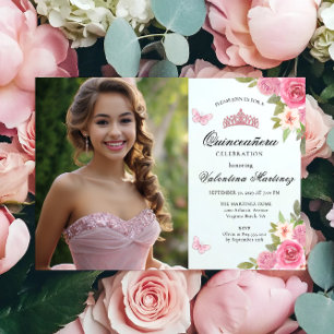Blush Pink Twee foto Bloemen Quinceanera Kaart