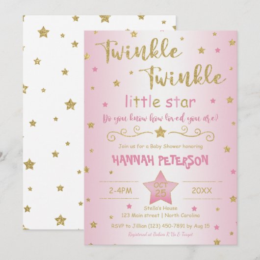 Blush Pink Twinkle Twinkle Little Star Baby shower Kaart (Voorkant / Achterkant)
