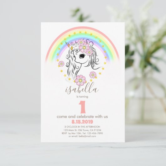 Blush Pink Unicorn Birthday Uitnodiging (Staand voorkant)