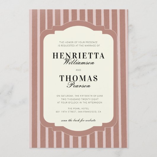Blush Pink Vertical Stripe QR Wedding Invite Kaart (Voorkant)
