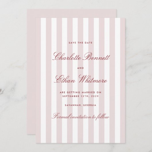Blush Pink Vertical Stripes Modern Save the Date Kaart (Voorkant / Achterkant)