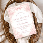 Blush Pink Vintage Toile Lamb Baby Shower Kaart<br><div class="desc">A soft and elegant baby shower design featuring delicate vintage-style blush pink toile illustrations. The frame is adorned with charming lambs, florals, celestial accents, and a romantic bow, creating a timeless storybook nursery aesthetic. Perfect for a classic, feminine celebration with a refined heirloom feel. The gentle pink palette and detailed...</div>
