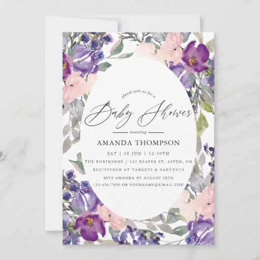 Blush Pink, Violet and Plum Floral Baby shower Kaart (Voorkant)
