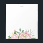 Blush Pink Watercolor Garden Roses Custom Notitieblok<br><div class="desc">Pretty and feminine custom notepad featuring watecolor illustrations of garden roses,  hydrangeas and eucalyptus bouquet. Personalize by adding a name or a short zin. This will be a personalized gift.</div>