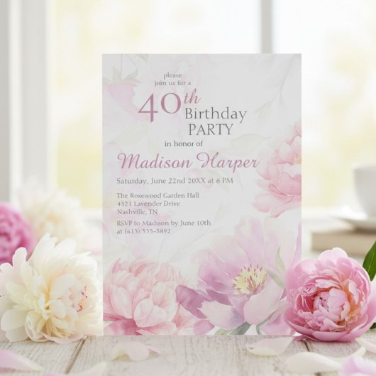 Blush Pink Watercolor Peony 40th Birthday Kaart