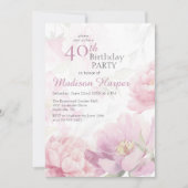 Blush Pink Watercolor Peony 40th Birthday Kaart (Voorkant)