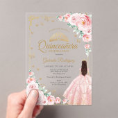 Blush Pink Watercolor Roses Gold Quinceanera Acryl Uitnodigingen (Insitu (Draagbaar))