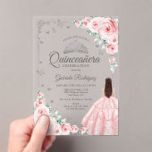 Blush Pink Watercolor Roses Silver Quinceanera Acryl Uitnodigingen (Insitu (Draagbaar))