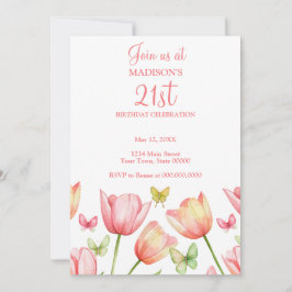 Blush Pink Watercolor Tulips 21st Birthday Party  Kaart