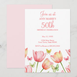 Blush Pink Watercolor Tulips 50th Birthday Party  Kaart