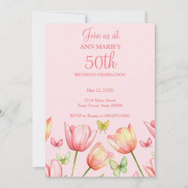 Blush Pink Watercolor Tulips 50th Birthday Party  Kaart