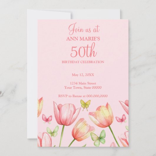 Blush Pink Watercolor Tulips 50th Birthday Party  Kaart (Voorkant)