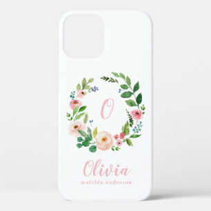 Blush pink waterverf bloemenkrans monogram Case-Mate iPhone case