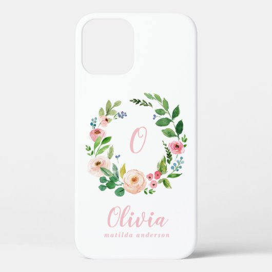 Blush pink waterverf bloemenkrans monogram Case-Mate iPhone case (Achterkant)