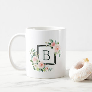 Blush Pink Waterverf Bloom Monogram Koffiemok