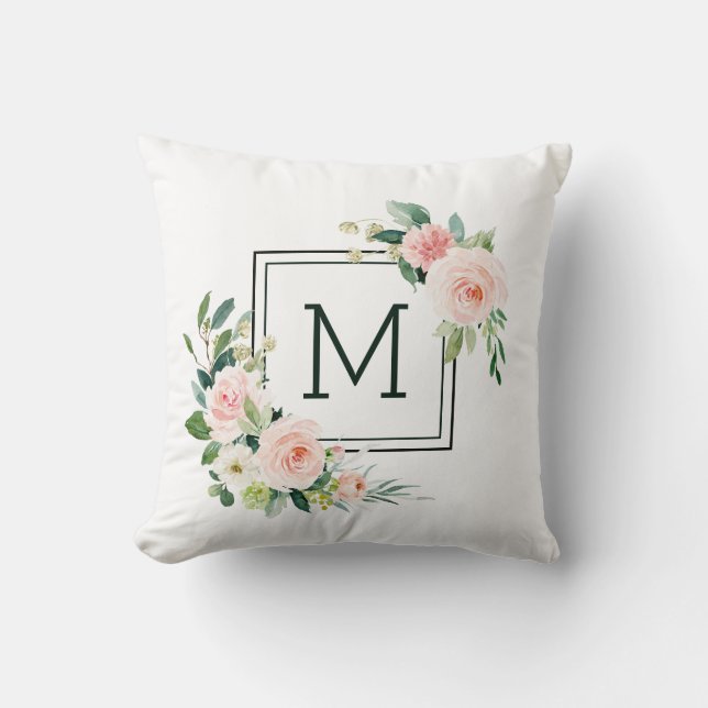Blush Pink Waterverf Bloom Monogram Kussen (Voorkant)