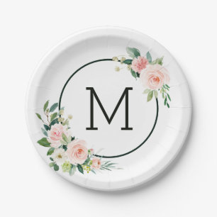 Blush Pink Waterverf Bloom Monogram Papieren Bordje