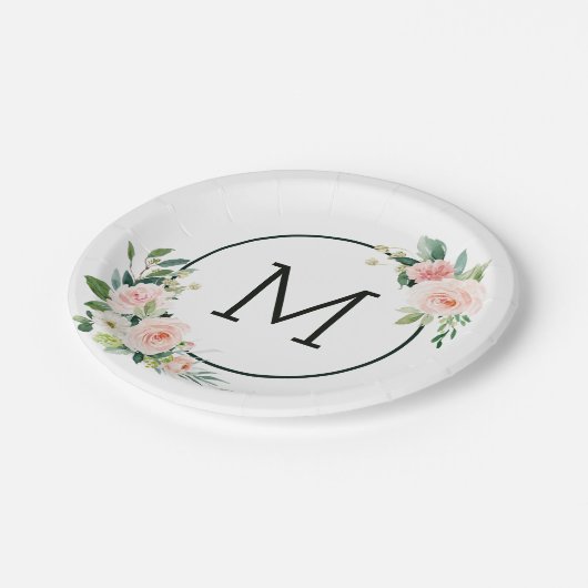 Blush Pink Waterverf Bloom Monogram Papieren Bordje (Gekanteld)