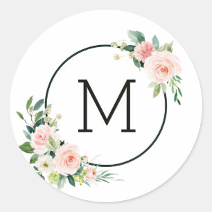 Blush Pink Waterverf Bloom Monogram Ronde Sticker