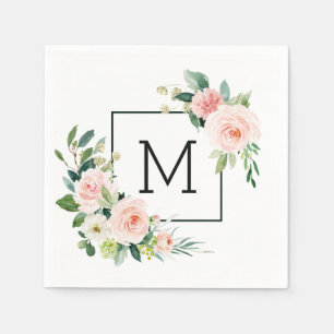 Blush Pink Waterverf Bloom Monogram Servet