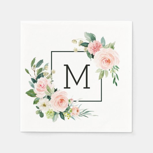 Blush Pink Waterverf Bloom Monogram Servet (Voorkant)