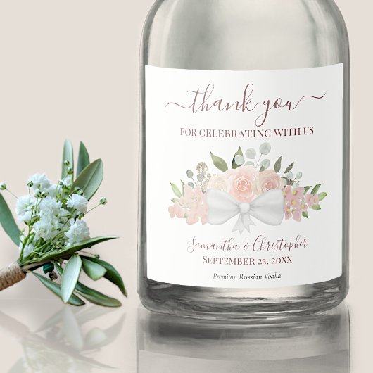 Blush Pink Waterverf Bouquet Weddenschap Dank je Likeurfles Etiket