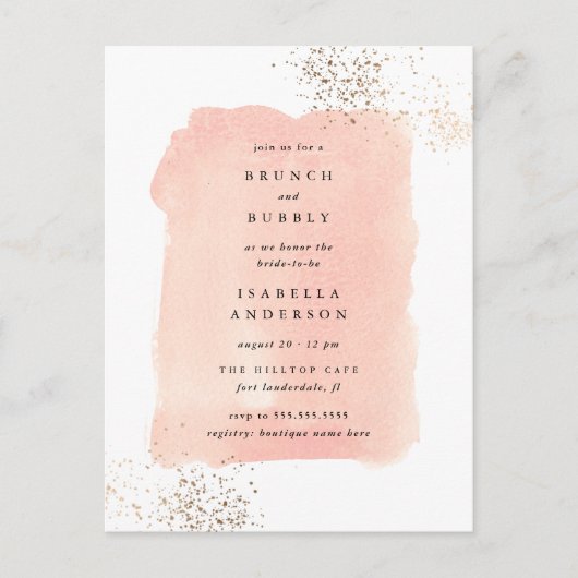 Blush Pink Waterverf Brunch Bubble Vrijgezellenfee Uitnodiging Briefkaart (Voorkant)