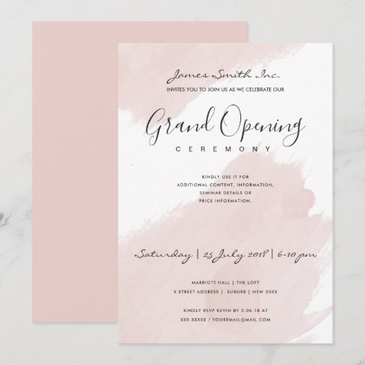 BLUSH PINK WATERVERF BRUSHSTROKE OPENING CEREMONY KAART (Voorkant / Achterkant)