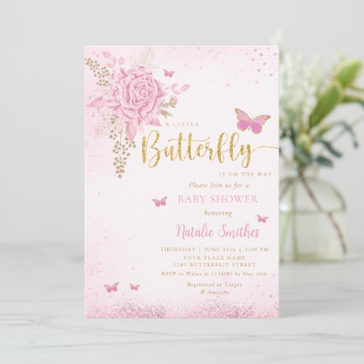 Blush Pink Waterverf Butterfly Girl Baby shower Kaart (Staand voorkant)