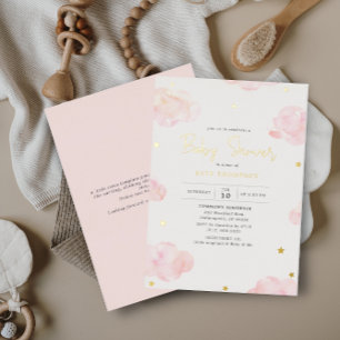 Blush Pink Waterverf Clouds Girl Baby shower Gold Folie Uitnodiging