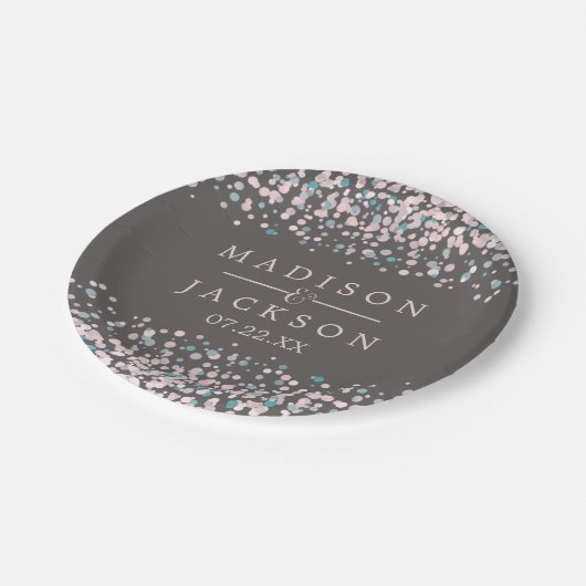 Blush Pink Waterverf Confetti Weddenschap Monogram Papieren Bordje (Gekanteld)