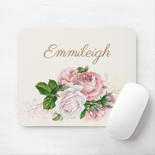 Blush Pink Waterverf Floral Cream Script Muismat (Met muis)