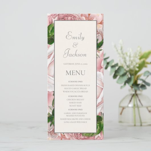 Blush Pink Waterverf Floral Cream Weddenschap Menu (Staand voorkant)