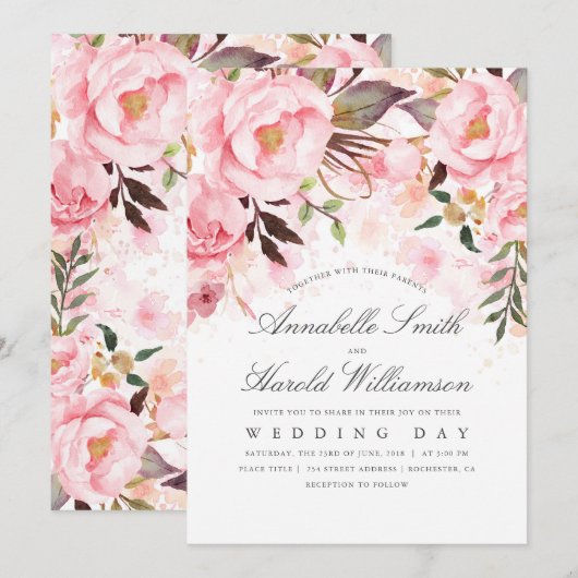 Blush Pink Waterverf | Floral Elegant Bruiloft Kaart (Voorkant / Achterkant)