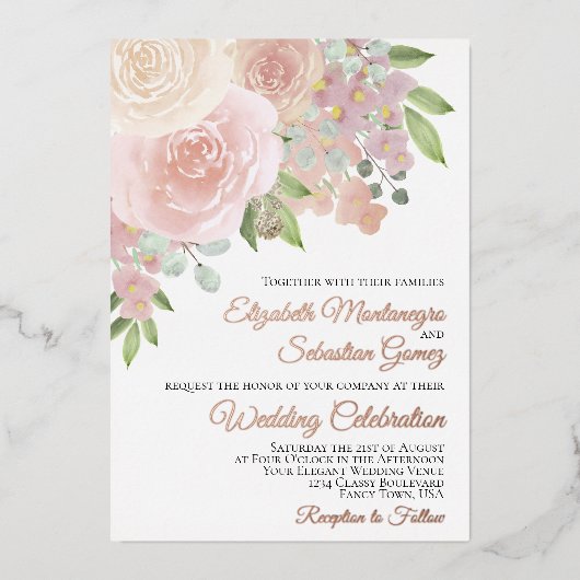 Blush Pink Waterverf Floral Elegant Wedding Folie Uitnodiging (Voorkant)