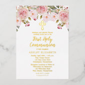 Blush Pink Waterverf Floral First Heilige Communie Folie Uitnodiging (Voorkant)