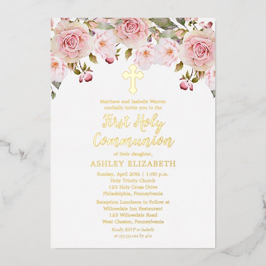 Blush Pink Waterverf Floral First Heilige Communie Folie Uitnodiging (Voorkant)