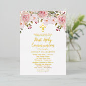 Blush Pink Waterverf Floral First Heilige Communie Folie Uitnodiging (Staand Voorkant)
