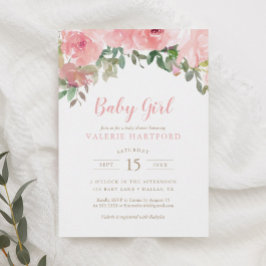 Blush Pink Waterverf Floral Girl Baby shower Invi Kaart