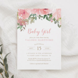 Blush Pink Waterverf Floral Girl Baby shower Invi Kaart